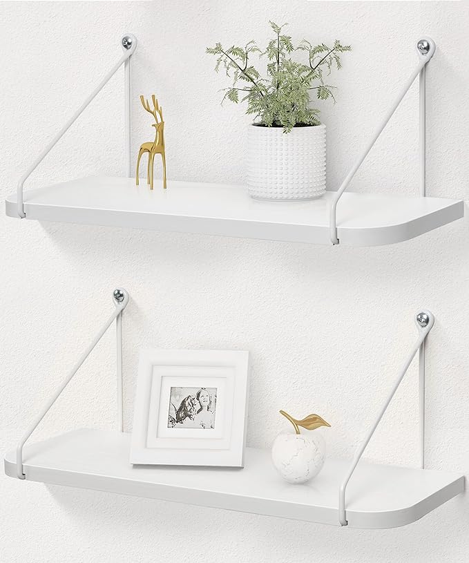 Afuly White Floating Shelves for Wall, 24in Shelf with Brackets, Set of 2 | Long Hanging Bookshelf, Plants Photos Display, Organizer Modern, for Bathroom, Kitchen, Living Room, Bedroom, Home Decor