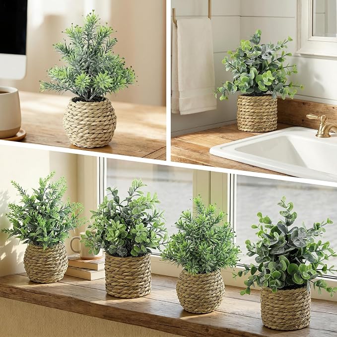 Small Fake Plants, 4 Pack Artificial Plants in Handwoven Seagrass Baskets | Natural Woven Texture, 4 Unique Plant Designs, Shelf, Desk & Table Decor, Realistic Faux Greenery, Farmhouse & Boho Decor