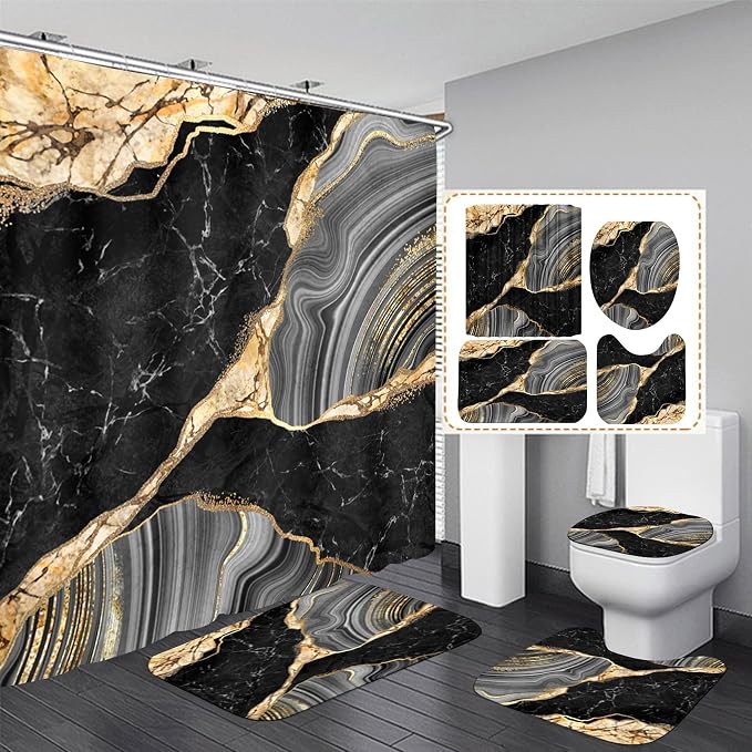 Nkzply 4Pcs Black Shower Curtain Bathroom Sets with Shower Curtain and Rugs | Gold Marble Modern Abstract Shower Curtain Set Grey Bathroom Rug Set Bathroom Decor Accessories with Hooks Toilet Lid Cover