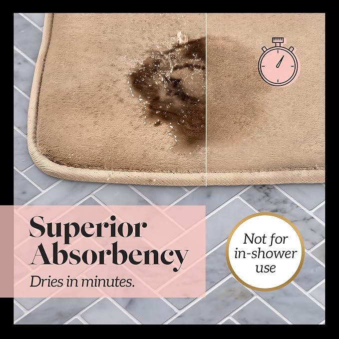 Memory Foam Bath Mat Non Slip Absorbent Super Cozy Velvet Bathroom Rug Carpet (17 inches X 24 inches, Beige