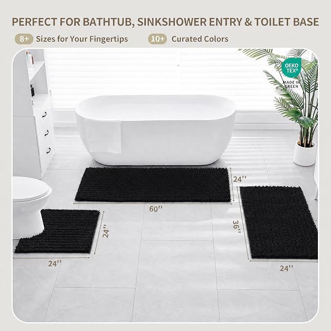 Bathroom Rugs Non Slip Washable 36x24, Extra Thick Soft Chenille Absorbent Bath Mat, High Density Barrier Non Slip Backing, Quick Dry Plush Shaggy Floor Carpet for Tub&Shower, Black