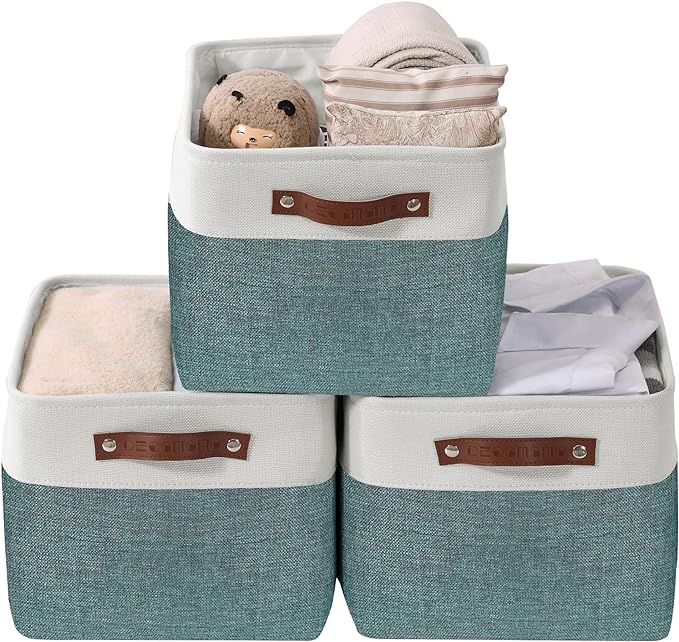 DECOMOMO Storage Bins, Large Fabric Storage Baskets for Shelves 3 Pack | 15 x 11 x 9.5 inches Decorative Linen Closet Organizers (Green & White)