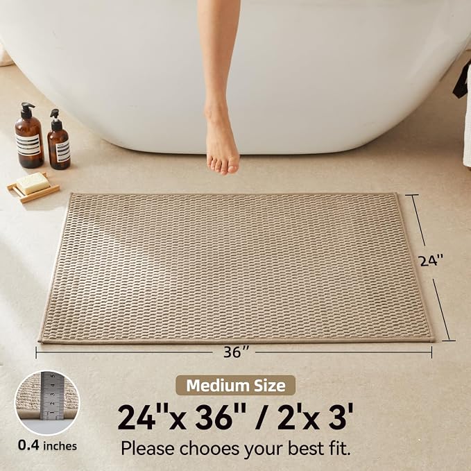 Triohero Bathroom Rugs Non Slip Washable, Super Absorbent Thin Bath Mat Quick Dry Low Pile Bathroom Rug, Beige 24x36