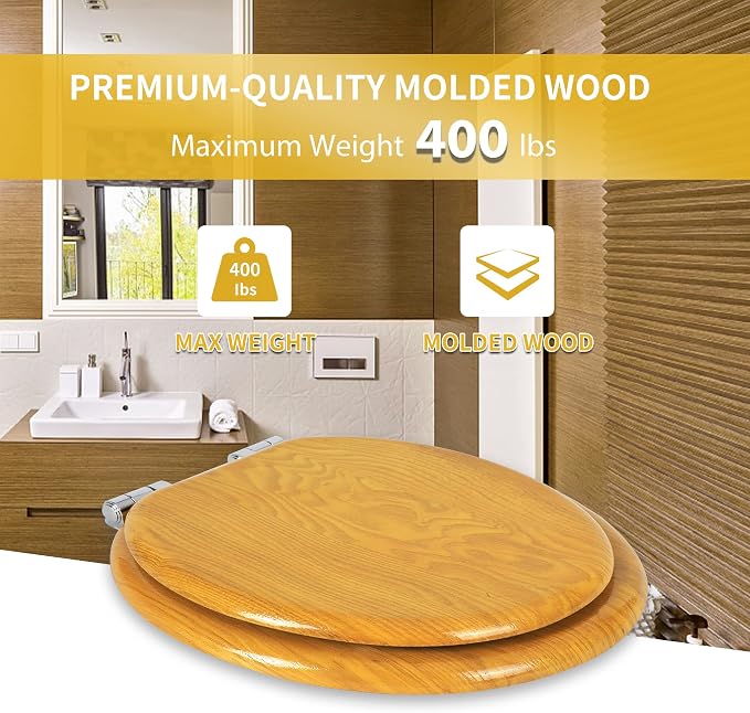 Angel Shield Elongated Wooden Toilet Seat Quiet Close(Oak) | Quick Release Metal Hinges, Adjustable Fit for Standard Elongated Toilets, Easy to Install&Clean