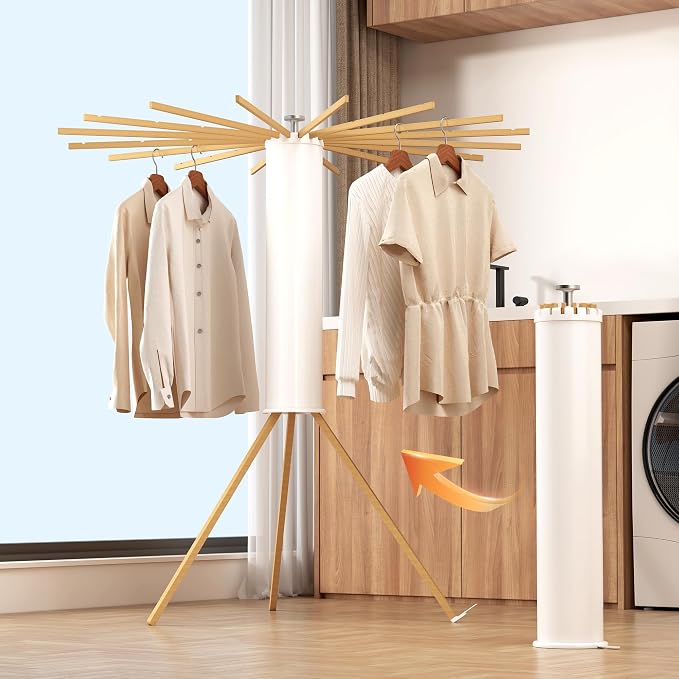 Heavy-Duty Wooden Tripod Clothes Drying Rack, 16 Rods, Large Capacity, 360° Airflow Umbrella Dryer, Foldable Space-Saving Floor Stand for Indoor Outdoor Use
