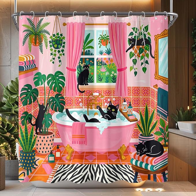 Accnicc Funny Cat Shower Curtain Boho Cute Fun Black Cats Shower Curtains for Bathroom Green Tropical Plant Pink Decorative Girly Waterproof Fabric Bath Curtain Decor 72 X 72 Inches