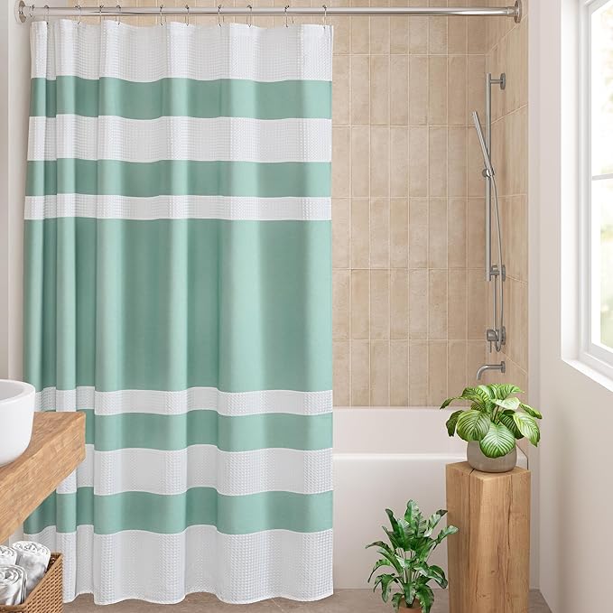 Madison Park Spa Waffle Shower Curtain for Bathroom, 72 x 72, Aqua | Striped, Pieced Fabric Design, 3M Scotchgard Moisture Management, Hotel Quality, Modern, for Bathroom, OEKO-TEX Certified