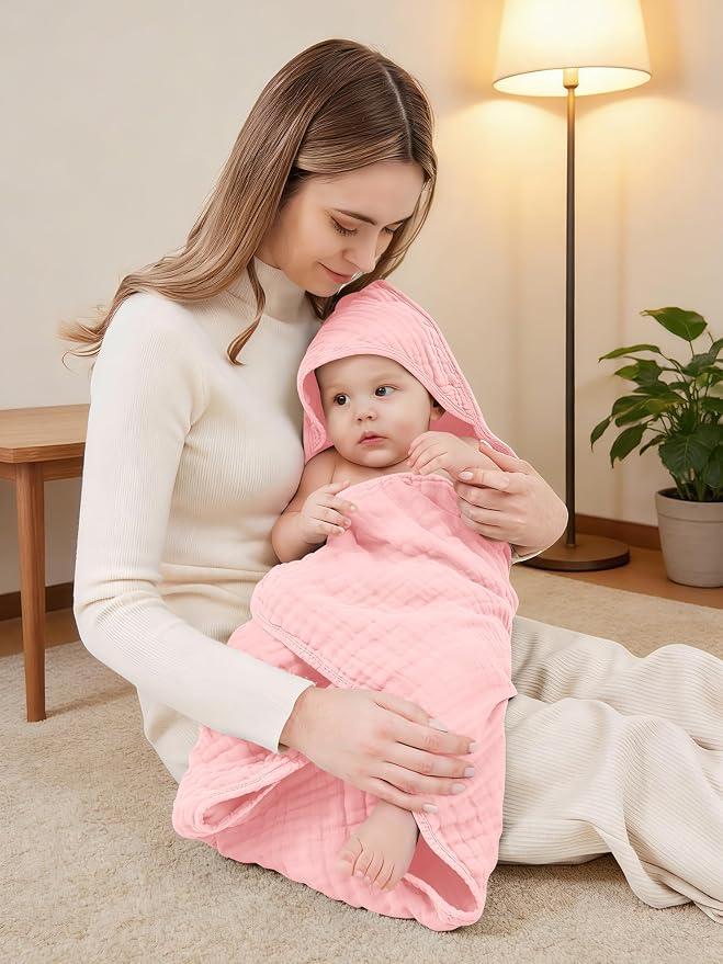 Muslin Hooded Baby Bath Towels - 3 Pack 100% Cotton Ultra-Soft Towels for Newborns, Infants, Toddlers - 32x32 Inch - Highly Absorbent, Quick-Dry Essentials for Bath Time, Beach, Pool, Pink Series