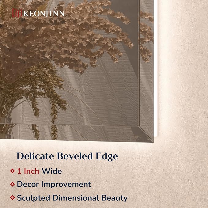 Keonjinn 42" x 36" Backlit Bathroom Mirror with Lights, Safe Tempered Glass | Beveled Edge, 3 Color Lights, Dimmable, Efficient Defogging, French Cleat, Memory Function, Lighted Bathroom Vanity Mirror