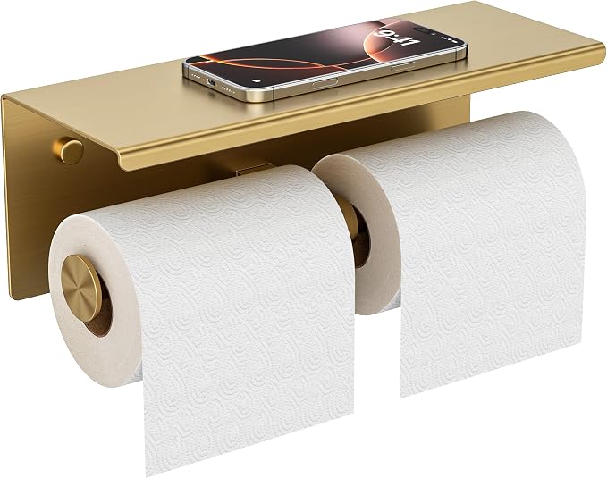 FORIOUS Toilet Paper Holder with Shelf, Commercial Toilet Paper Dispensers | Brushed Gold | Wall Mount Bathroom Tissue Holder | SUS304 Stainless Steel Rustproof | Double Tissue Roll Holder