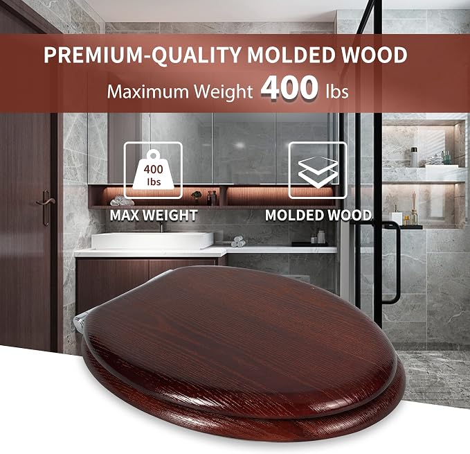 Angel Shield Elongated Wood Toilet Seat with Quiet Close,Easy Clean,Quick-Release Hinges(Elongated,Dark Walnut)