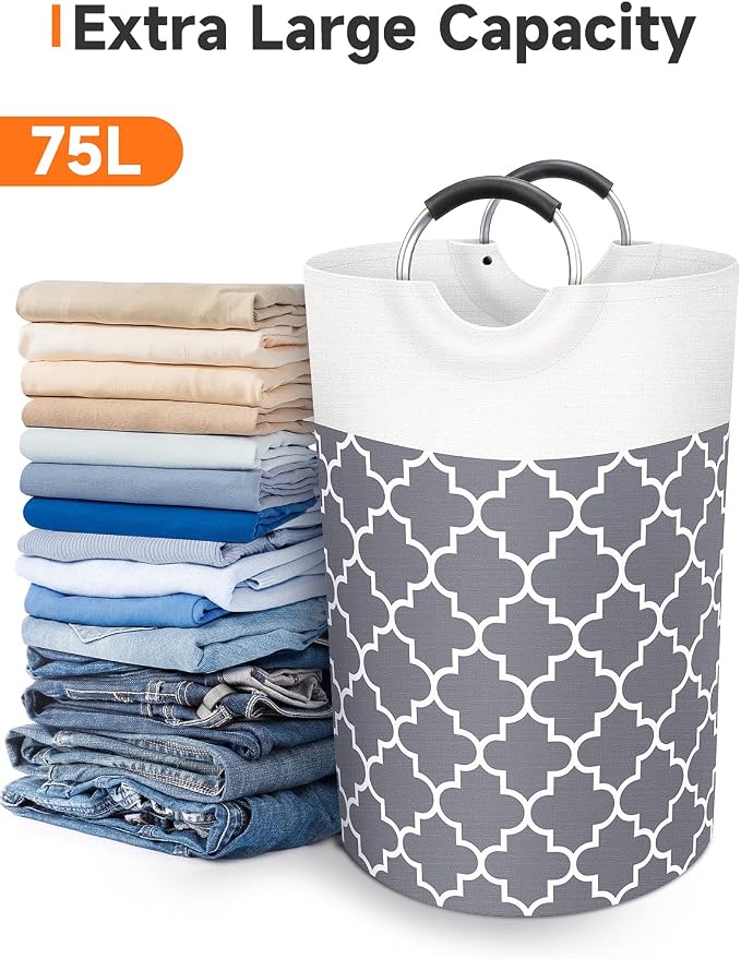 Large Laundry Basket Laundry Hamper Bag Washing Bin Clothes Bag Collapsible Tall with Handles Waterproof Travel Bathroom College Essentials Storage for College Dorm, Family (Grey) 75L | Freestanding Laundry Hamper, Waterproof Dirty Clothes Storage Bag ...