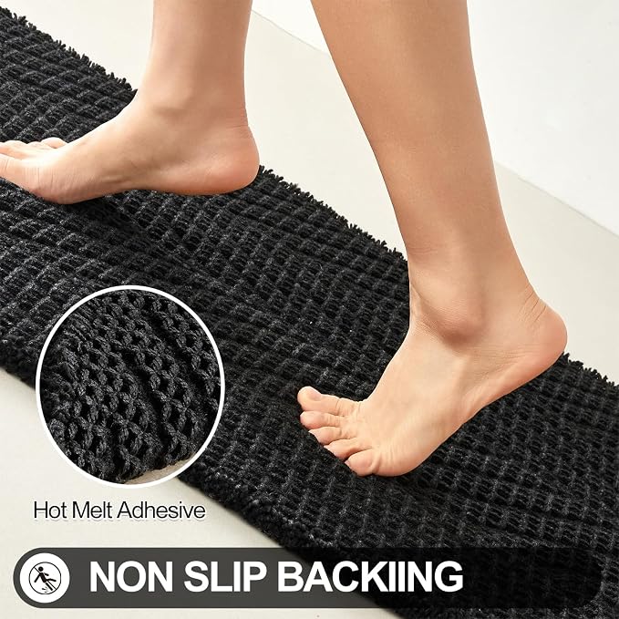 Sunfly Black Bathroom Rug, Waffle Bath Mat Non-Slip Washable Super Absorbent Quick Dry, Boho Farmhouse Bathroom Decor 24"x48" Black