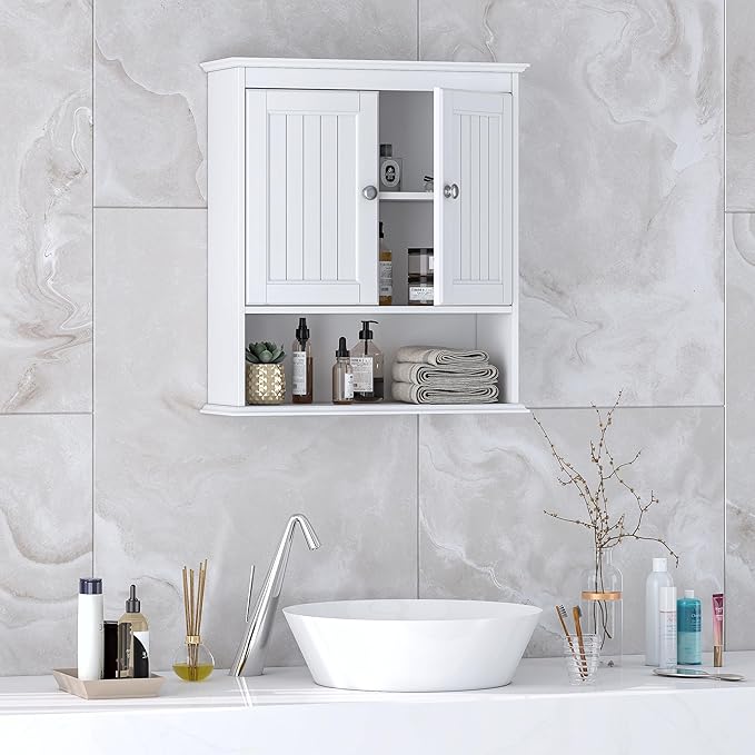 Spirich Bathroom Wall Cabinet with Beadboard Doors, White Medicine Cabinet | Adjustable Shelf, Open & Concealed Storage, Space-Saving Over-Toilet Design for Toiletries, Towels, Medicines & Decor