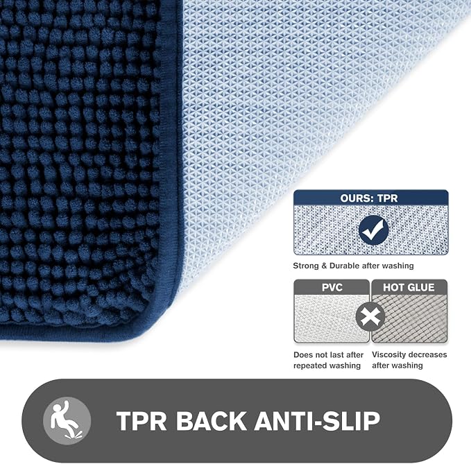 Small Bathroom Rug 12"x18" – Washable and Absorbent Bath Mat, Non Slip, Thick Soft Chenille Bath Rugs for Bathroom, Shower, Sink, Dog mat(Navy Blue)