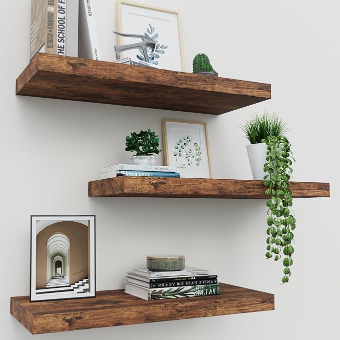 Floating Shelves for Wall Set of 3, 16" Rustic Brown Floating Shelves | Rustic Brown Wood Grain, Sturdy Load-bearing, Freely Combinable Layout, Wall Art Display