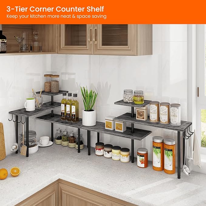 Kitchen Countertop Organizer, 3 Tier Corner Shelf Bathroom Counter Organizer, Wooden Counter Shelf Stand Space Saver, Easy Assembly, Rustic Grey