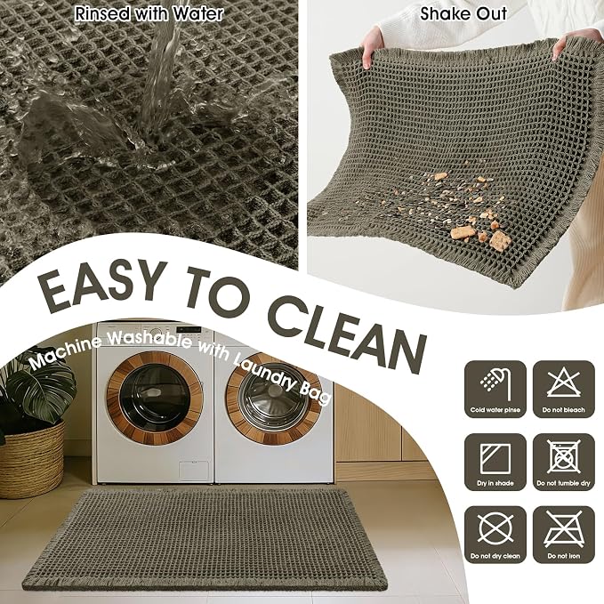 Upgraded Waffle Bath Mat, 32"x20" Greyish Green, Super Absorbent Non-Slip Quick Dry Bathroom Rugs with Tassels, Machine Washable Ultra Soft Boho Bath Rugs for Floor, Toilet Mats Boho Farmhouse Decor