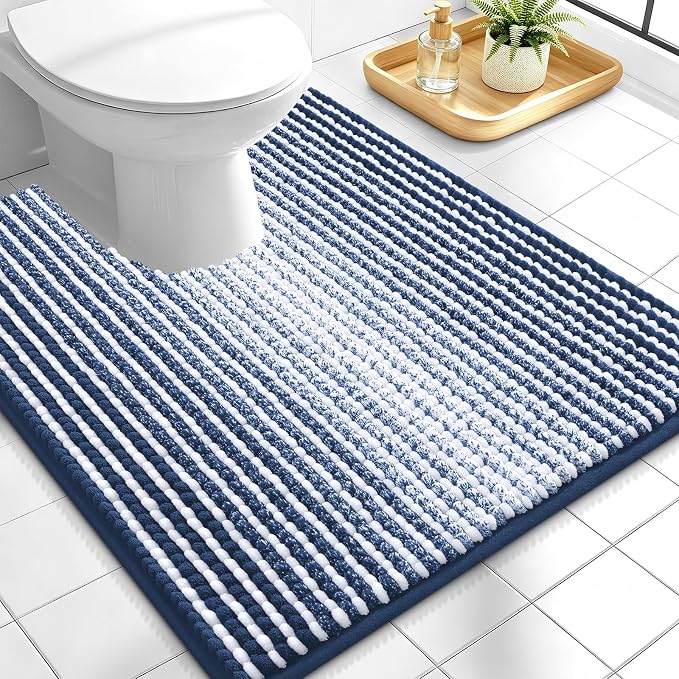 OLANLY Toilet Rugs U-Shaped 24x20, Soft Chenille Contour Bath Mat, Navy | Extra Absorbent, Striped Bathroom Rugs for Toilet, Dry Quickly, Machine Washable, Non-Slip