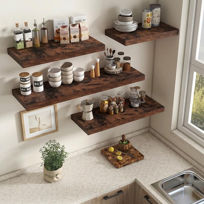 Vivelove Square Floating Shelves 12x12” Set of 2, Rustic Brown | Easy Install with Hardware, Invisible Brackets, No Sagging, Living Room Display Shelf, 2" Thick，Engineered Wood