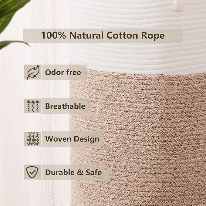 60L Hamper Laundry Basket Tall Woven Rope Clothes Hamper Brown | Baby Girls Nursery Kids Blanket Basket in Living Room Bathroom Bedroom 15Dx20H Inches Large