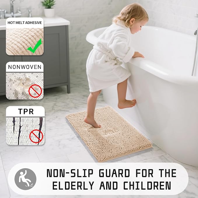Yimobra Washable Bathroom Rugs, Super Soft & Absorbent Chenille Bath Mat for Floor & Carpet, Quick Dry Non Slip Bath Mat for Tub Shower, 32"x20",Beige