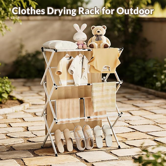 Clothes Drying Rack Collapsible,Heavy Duty Foldable Laundry Rack for Drying Clothing,3-Tier Space Saving Drying Rack Clothing for Indoor Outdoor Bathroom Apartment
