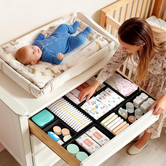 DIMJ Drawer Organizer Clothes Storage - 18 Pack Baby Dresser Organizer for Nursery, Foldable Drawer Dividers for Bedroom Closet Organization, Fabric Storage Bins for Socks, Underwears, Bras
