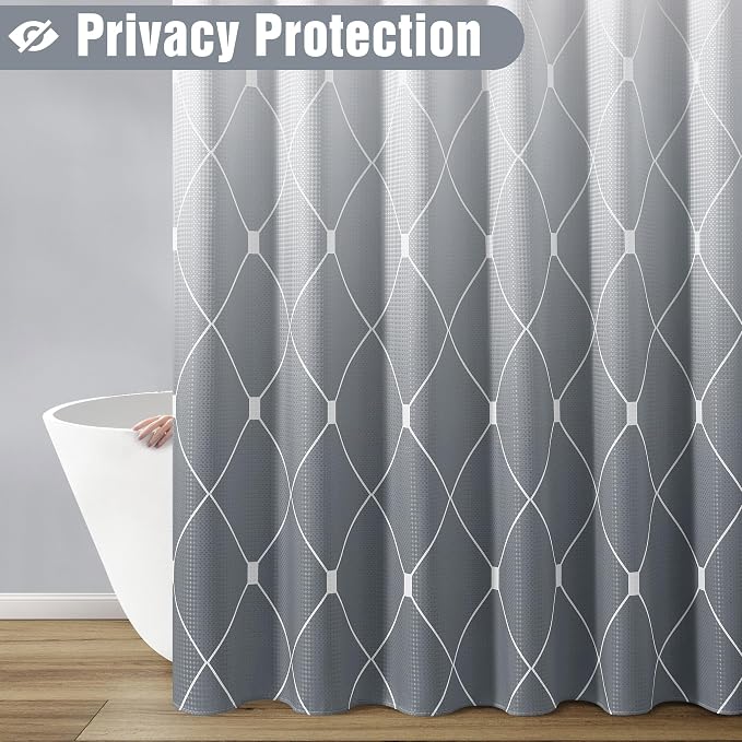 Long Grey Shower Curtain 78 inch Length for Bathroom, Geometric Design and Polyester Quick-Drying Gray and White Ombre Shower Curtain Set with 12 Hooks, Durable and Washable, 72x78