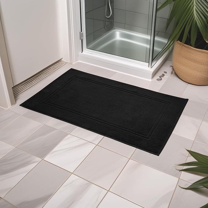 2 Piece Bath Mats 20 x 32 Inches, Black | 100% Cotton Terry Bath Mats, Super Absorbent, Hotel Quality Premium Floor Towels, Luxurious, Soft & Quick Dry