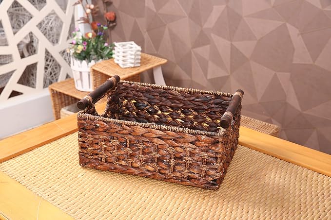 Water Hyacinth Wicker Storage Basket with Wood Handles, Large | Rectangular dark brown woven rattan basket, for shelves, kitchen countertops, closet, holds magazines, toilet paper