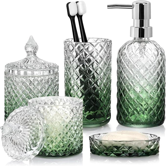 Bathroom Accessories Set, 5Pcs Bathroom Soap Dispenser Set, Glass Bathroom Accessories with Glass Soap Dispenser, Soap Dish, Toothbrush Holder, Tumbler, Cotton Swab Jar (Gradient Clear & Green)