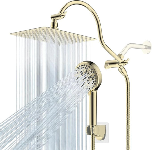 Hibbent All Metal CUPC Certified Shower Head, 10'' High Pressure Rainfall Shower Head, Handheld Showerhead Combo, 12'' Adjustable Extension Arm, 10 Sprays, 71'' Hose, Shower Holder, Polished Brass