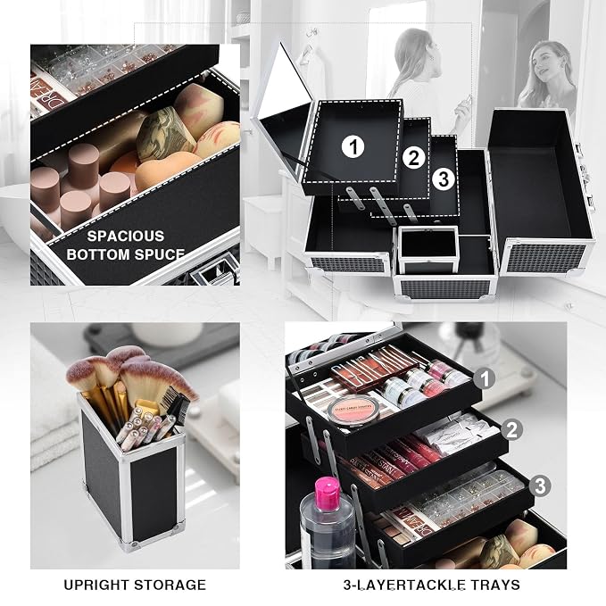 Joligrace 3-Tray Makeup Case with Mirror & Brush Holder, 11.6" Shine Black | Travel-ready makeup train case with lots of storage capacity. Home makeup box organizer holds cosmetics neatly and clean.