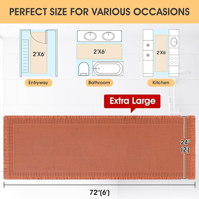 Extra Large Waffle Bath Mat, Boho Bathroom Rugs Absorbent Non Slip, Ultra Soft Bathroom Mat,Machine Washable Knit Bath Rug with Border for Bathroom,Bedroom,Kitchen,Shower, 6'x2', Burnt Orange