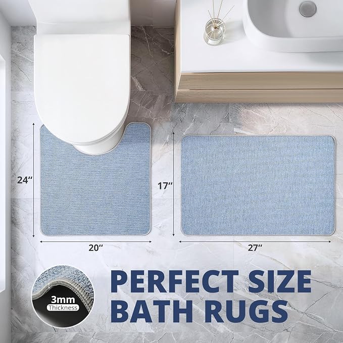 Bathroom Rugs Sets 2 Piece, Thin Bath Mat & U-Shaped Contour Toilet Rug Absorbent Quick Dry, Machine Washable, Non Slip Low Pile Bath Mats for Bathroom/Tub/Sink/Shower (27"x17" Plus 24"x20" U, Blue)