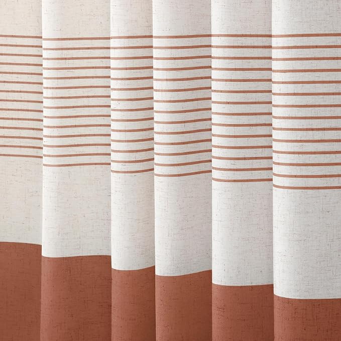 Coral Boho Linen Striped Shower Curtain with Tassel 72" W X 72" L | Boho Farmhouse Shower Curtains with Linen Texture for Bathroom Decor