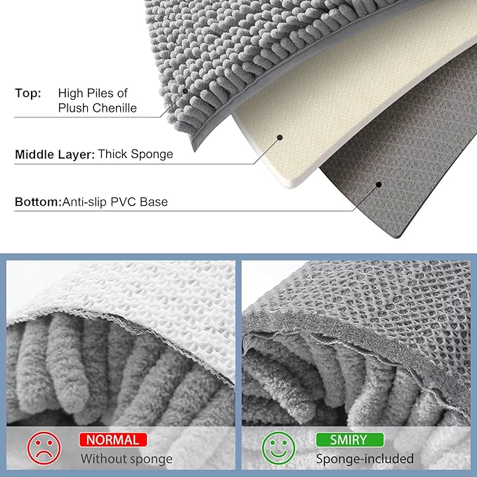 Smiry Bathroom Rugs 32X20, Luxury Chenille Extra Soft Absorbent Bath Mat | Grey, Machine Washable Non-Slip Plush Bath Mats for Bathroom, Tub, Shower, and Floor, Home Decor