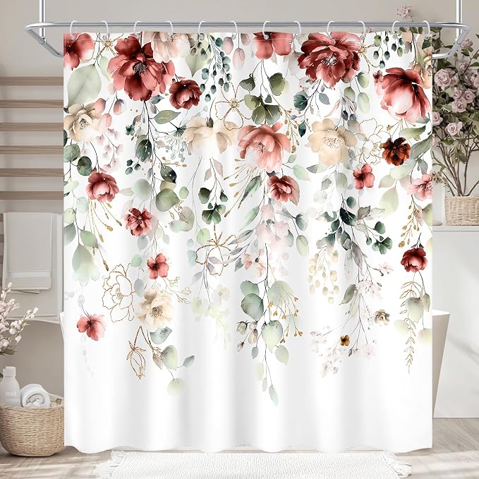 Red Floral Burgundy Rustic Watercolor Plant Bathroom Shower Curtain Set | 72"W x 72"L Flower Green style, clear shower print, fast-dry fabric and hooks for a simple bath update.