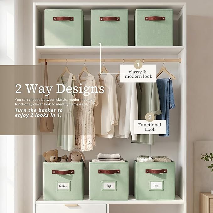 DECOMOMO Storage Bins, Cube Storage Bin with Labels | 10.5" x 11" Fabric Storage Cubes for Shelves (2pcs, Sage Green)
