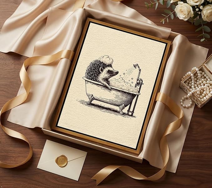 Floating Framed Funny Hedgehog Bathroom Canvas Wall Art, Cute Animal Bathing in Bathtub Painting Picture Wall Decor, Vintage Neutral Sketch Poster Print Artwork, for Bathroom, Home Decoration 12x16in