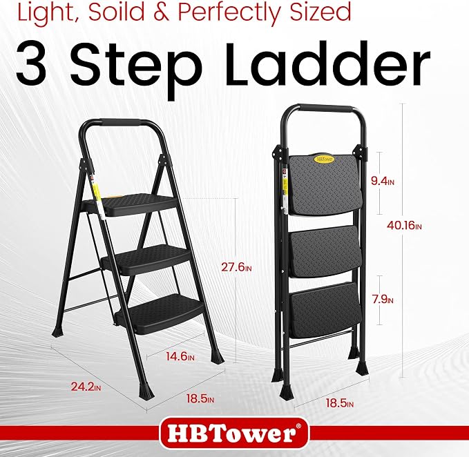 HBtower Step Ladder Sturdy, Heavy Duty Step Stool for Adults | Wide Anti-Slip Pedal Step Ladder Folding Step Stool for Home and Kitchen, Garage, Outdoor
