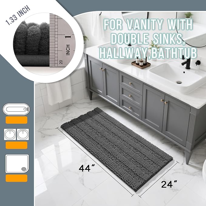 Yimobra Bathroom Rug Mat 44 x 24, Non Slip and Super Absorbent Bath Mat,Machine Washable Quick Dry,Ultra Plush Chenille Shower Rugs for Bathroom Floor Sink Tub and Shower Outside,Dark Gray