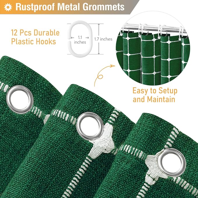 Emerald Green Boho Farmhouse Linen Heavy Duty Shower Curtain, 72x72 | 330GSM Linen Blend, Classic Plaid, 3-side Tassels, Water Repellent Fabric, 12 Plastic Hook, Rustic Bohemian, Machine Washable