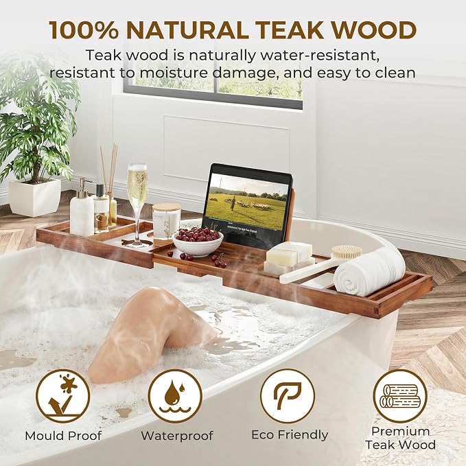Teak Bathtub Tray Caddy, Foldable Bath Tray with Expandable Handles, Wine Glass and Phone Holders, Book Stand, for Home Spa Relaxation, Luxury Bathroom Accessories - Light Walnut Color