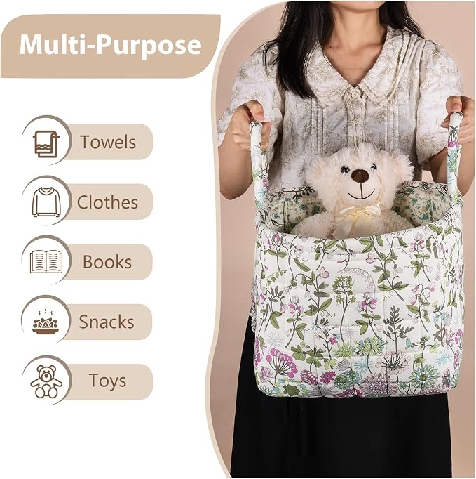 Storage Basket Boho Fabric Large Collapsible Floral Laundry Nursery Hamper Portable Folding Storage for Clothes Toys (Purple)