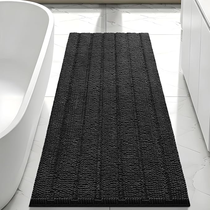 Bcoimo Bath Rug Mat, 48x24 Chenille Non Slip Black Long Bathroom Runner Rug | Extra Soft Bathroom Floor Mats;Non Slip with Rubber Back Bath Mats;High Absorbent, Quick Dry Microfiber mat; Machine Washable