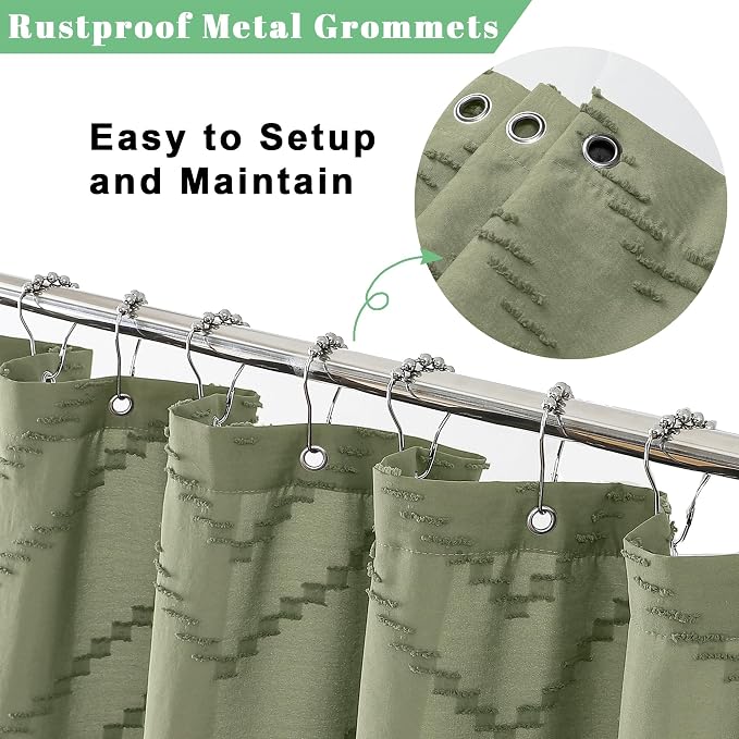 Light Green Fabric Shower Curtain, Boho Shower Curtains for Bathroom Chic Tufted Chevron Striped Textured with Tassel, Soft Hotel Style Farmhouse, Machine Washable, 72x78, Light Green
