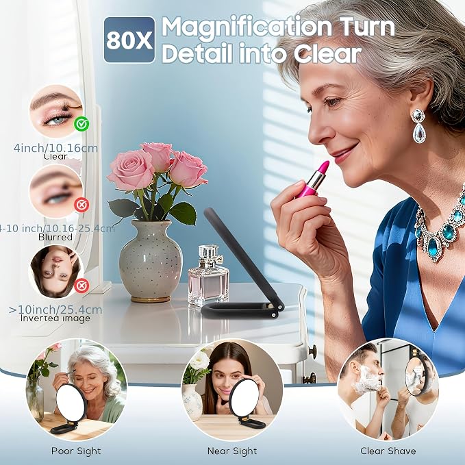 80X Magnification Vanity Mirror, 360° Adjustable Handle, Foldable Double-Sided Mirror, Handheld/Wall-Mounted/Desk-Mounted, Suitable for Makeup, Eyebrow Grooming, Portable Beauty Tool (Black)