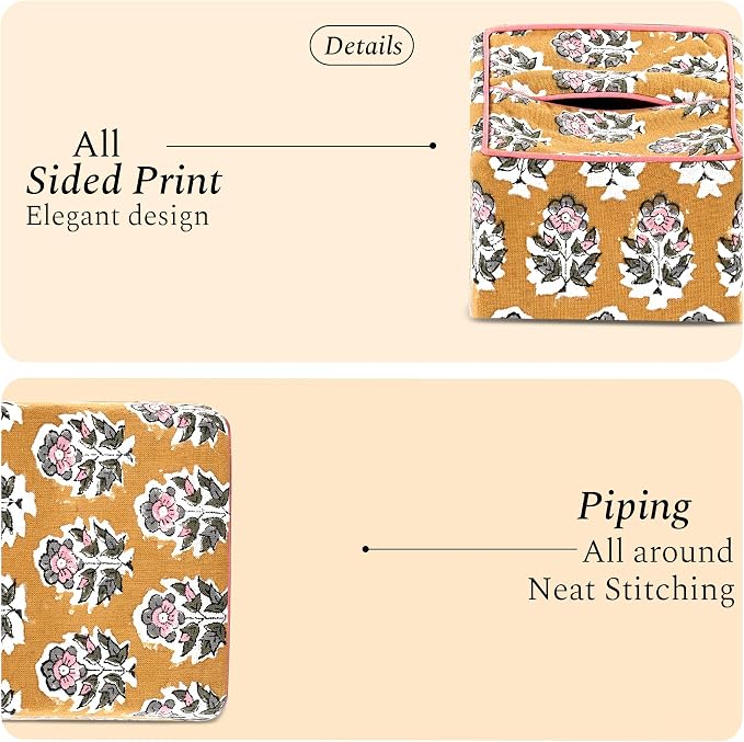 CPC Yellow Citrine Hand Block Printed Cotton Tissue Box Cover 5" x 5" x 5.5" Square Soft Reusable Boho Napkin Holder for Home Kitchen Dining Bathroom Office Cafe Spa, Gift for Spring, Mother's Day